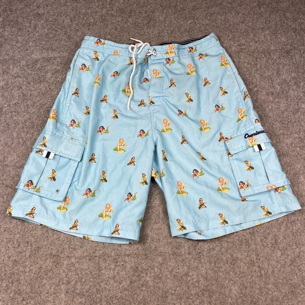Cremieux Beachwear Board Shorts Mens Large Blue Hula Girls Hawaiian Tropical